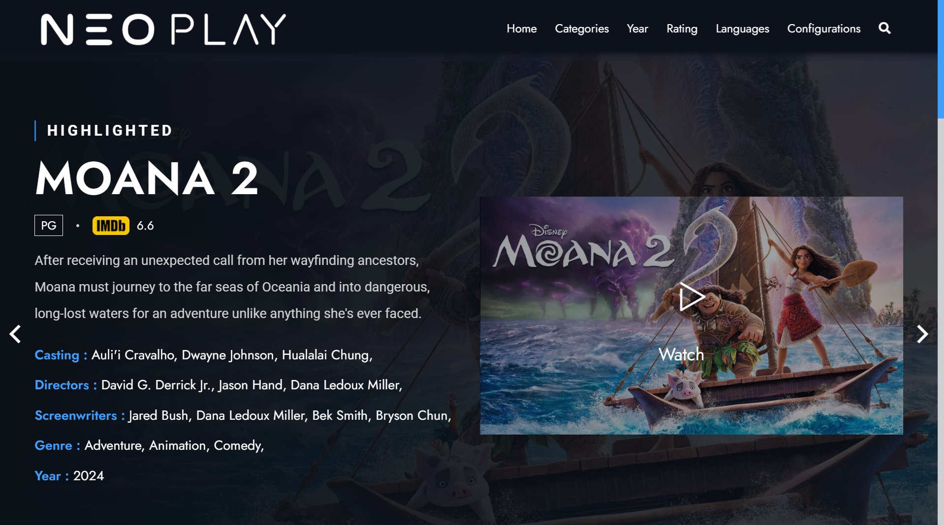 NeoPlay Platform showing movie catalog organized by genre with poster thumbnails