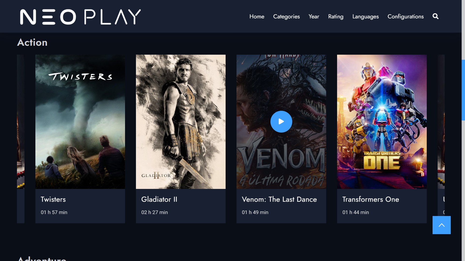 NeoPlay Platform showing featured movie with details, ratings, and play button